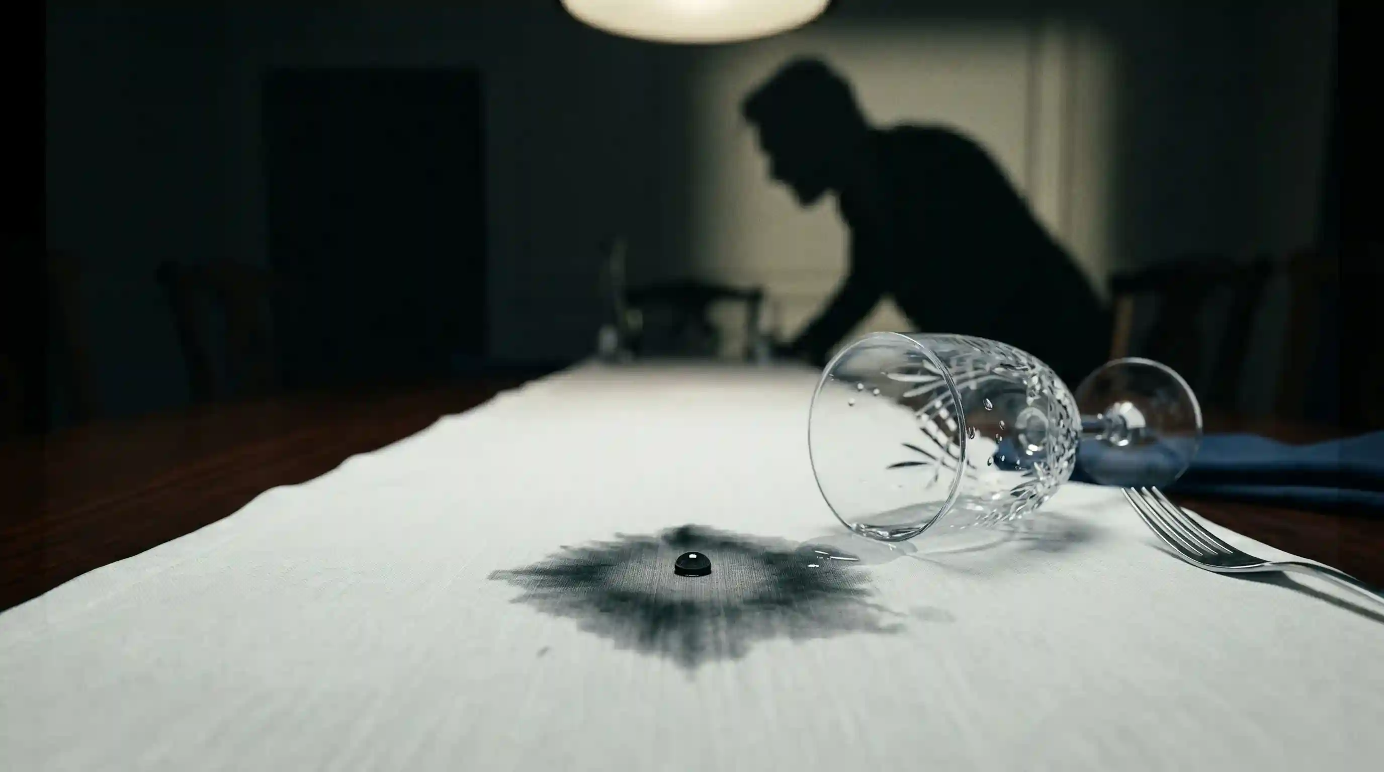 A single water droplet on a white tablecloth with a tense atmosphere