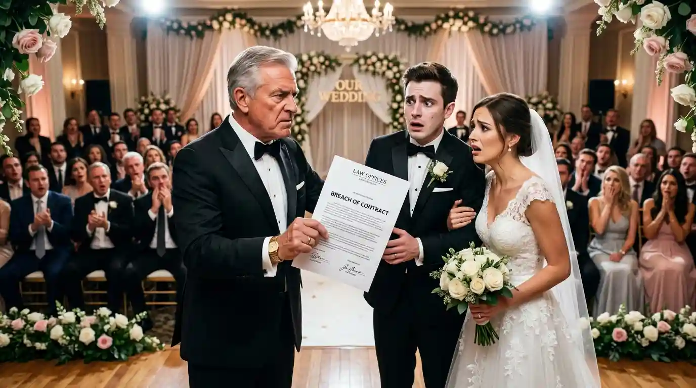 The father handing the devastating legal document to the shocked bride and groom