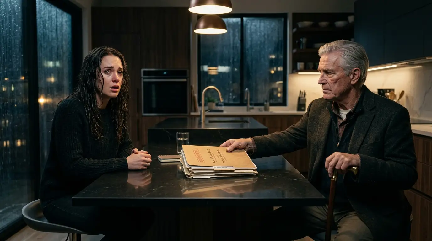 Mara looking at documents with the mysterious veteran