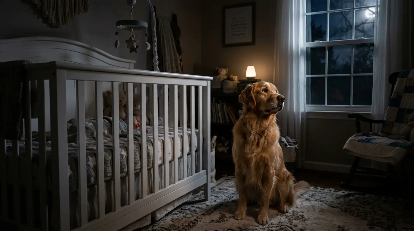 Golden Retriever sitting attentively by a modern baby crib in a dimly lit nursery
