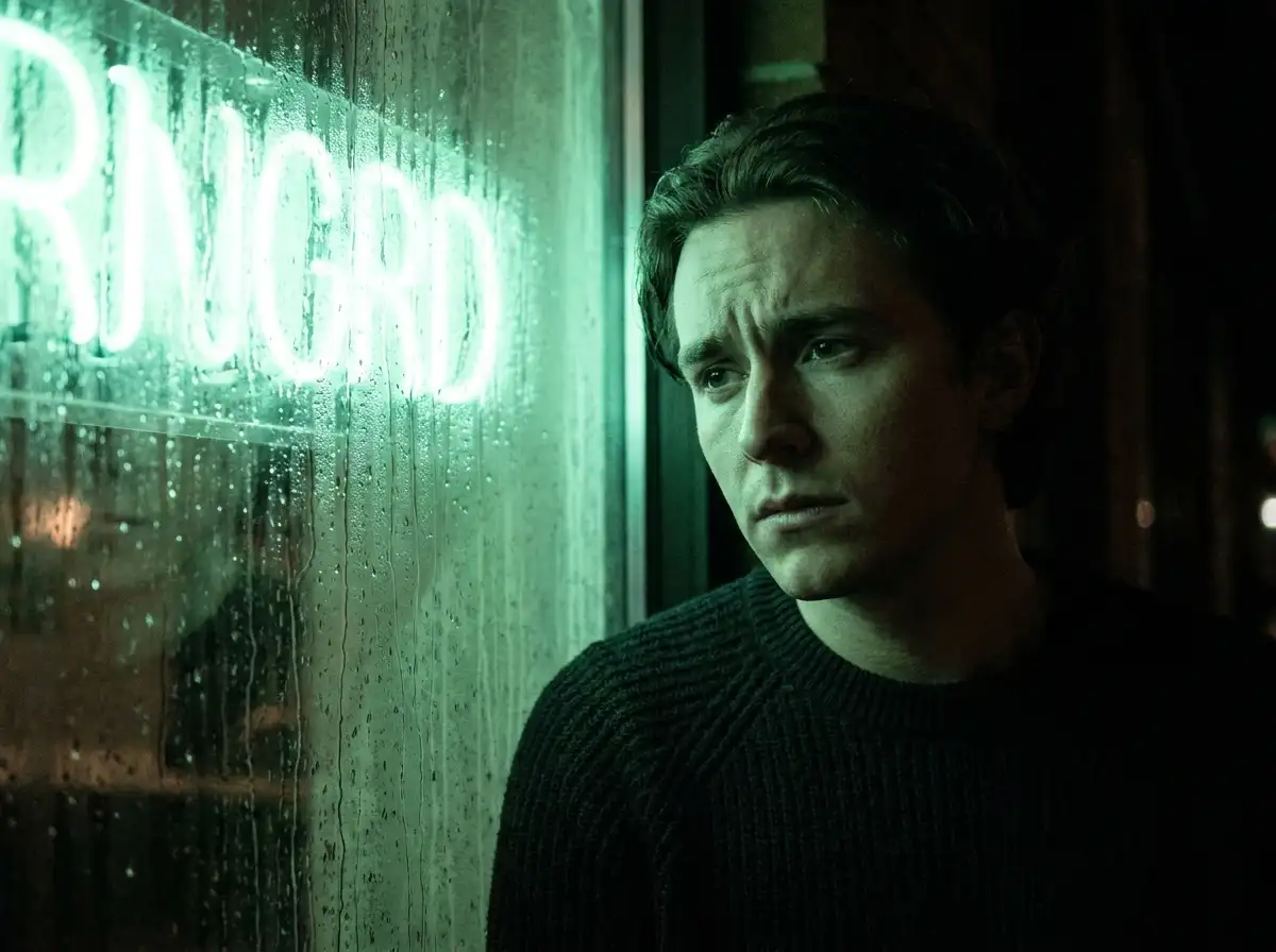 An observant and analytical person looking thoughtfully out a window in green lighting
