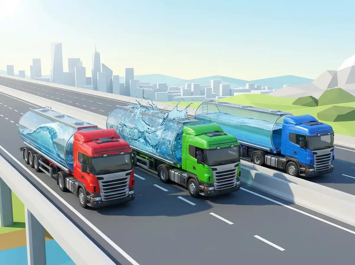 Three liquid tanker trucks colored red, green, and blue showing different splashing physics inside