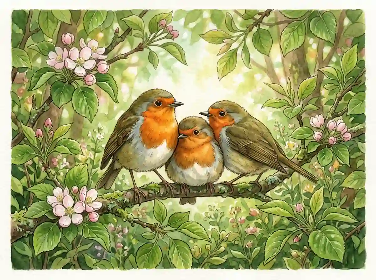 Three European robins resting together among green leaves
