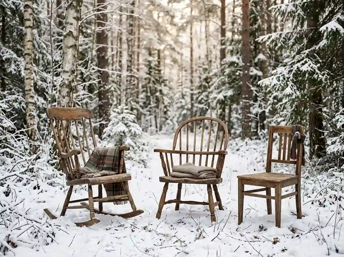Three distinct rustic wooden chairs in a snowy forest landscape