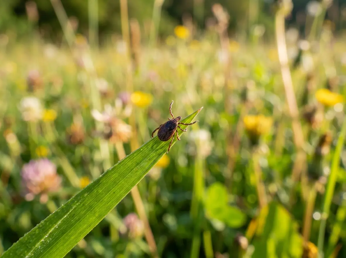 Macro photography of a tiny tick waiting on a green blade of grass