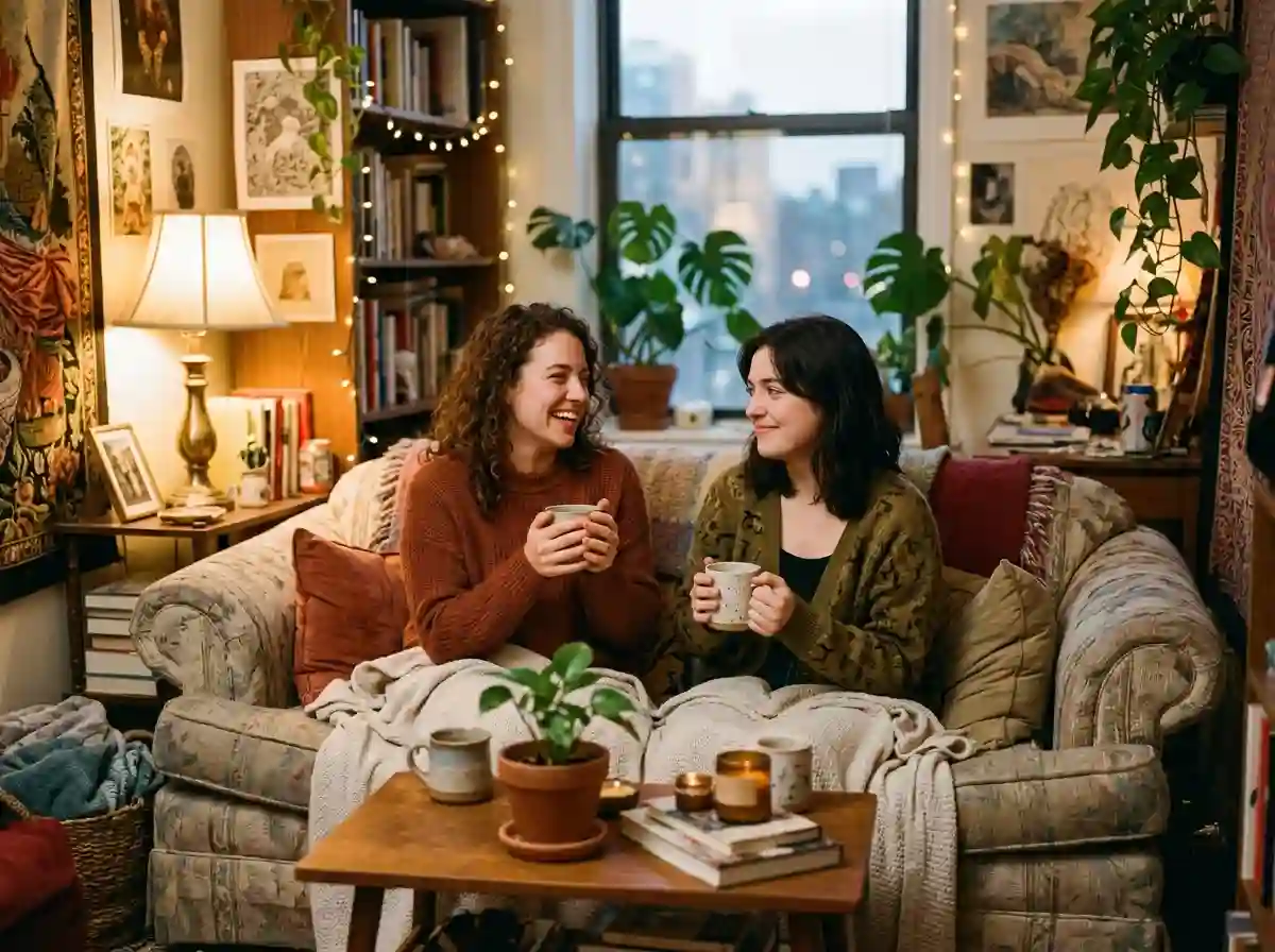 Two young women talking in a small, mismatched apartment