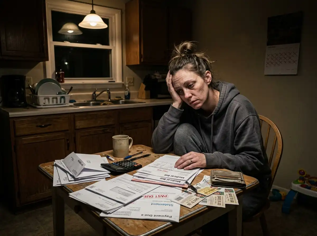 A stressed single mother sitting at a kitchen table surrounded by medical bills and coupons.