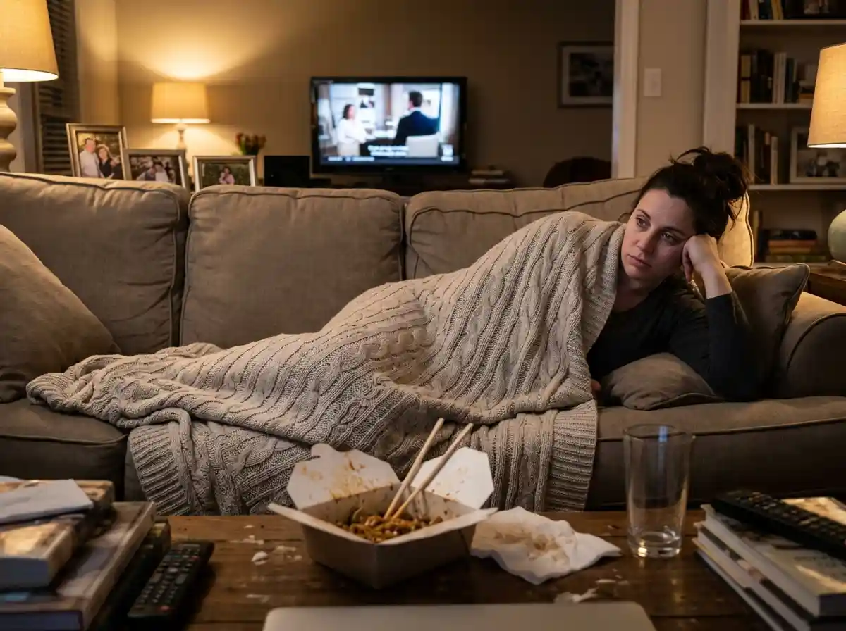 A tired pregnant woman resting comfortably on a living room couch