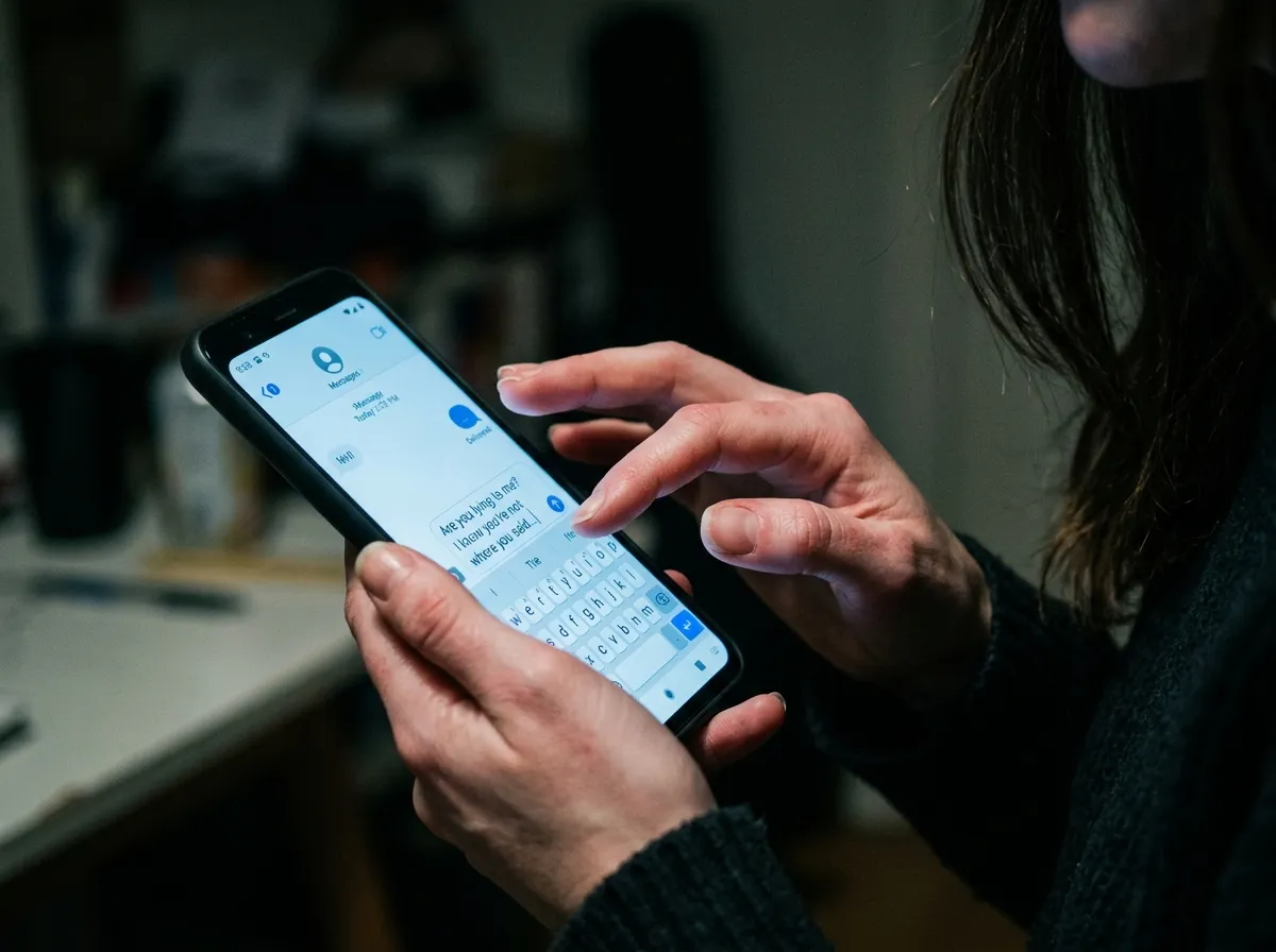 Trembling fingers hesitating over a smartphone keyboard in the dark