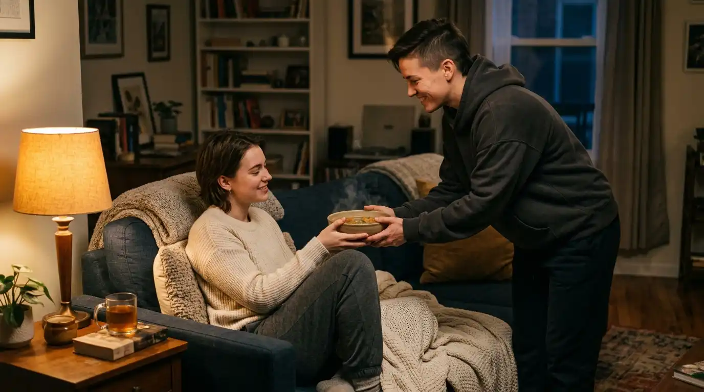 Riley bringing soup to a recovering Harper in her apartment