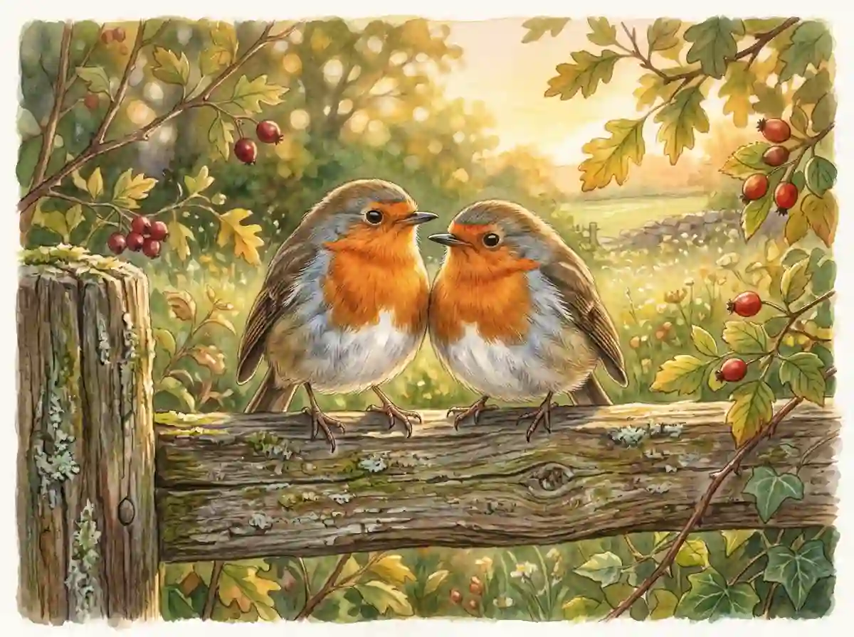 Two European robins sitting close together on a wooden fence