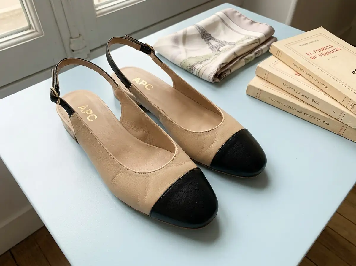 Chic two-tone flats with a black cap toe and beige body