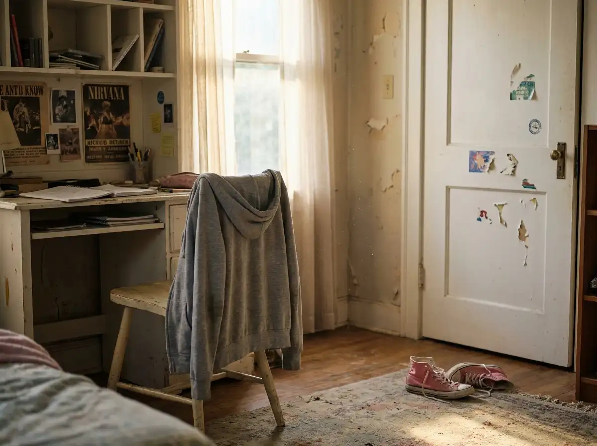 A teenage girl's untouched bedroom with a gray hoodie on a chair and pink sneakers by the door