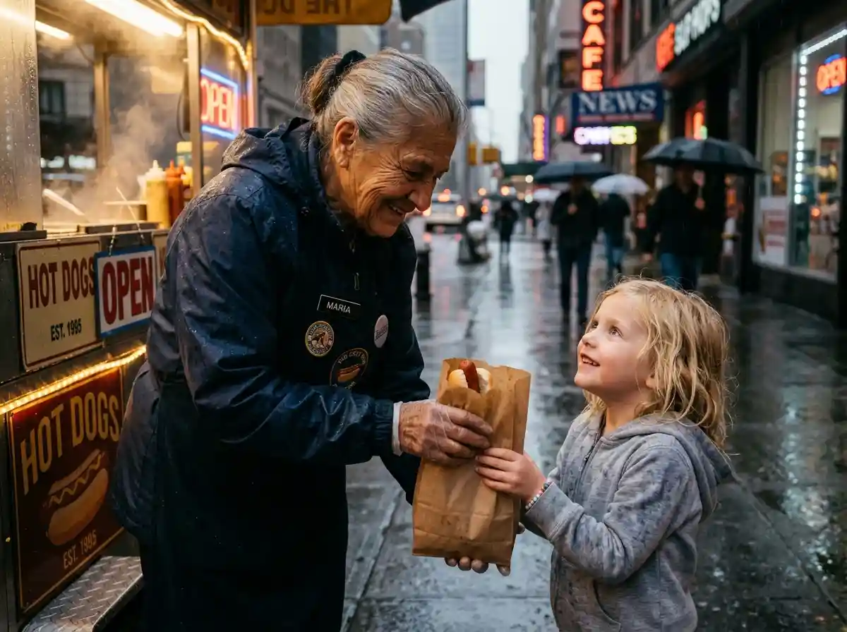 A kind hot dog vendor handing a bag of hot food to a grateful little girl in the rain.