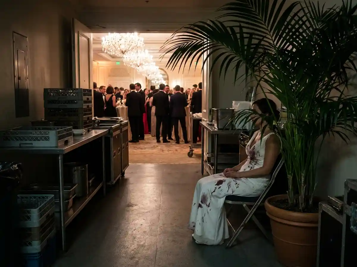 A woman in a ruined dress sitting in the shadows behind a plant, looking into a party
