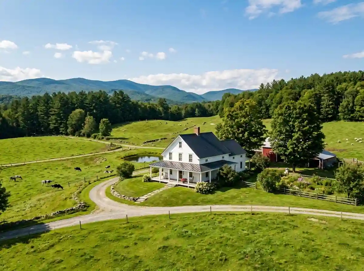 A beautiful, peaceful white farmhouse on a large green estate in Vermont