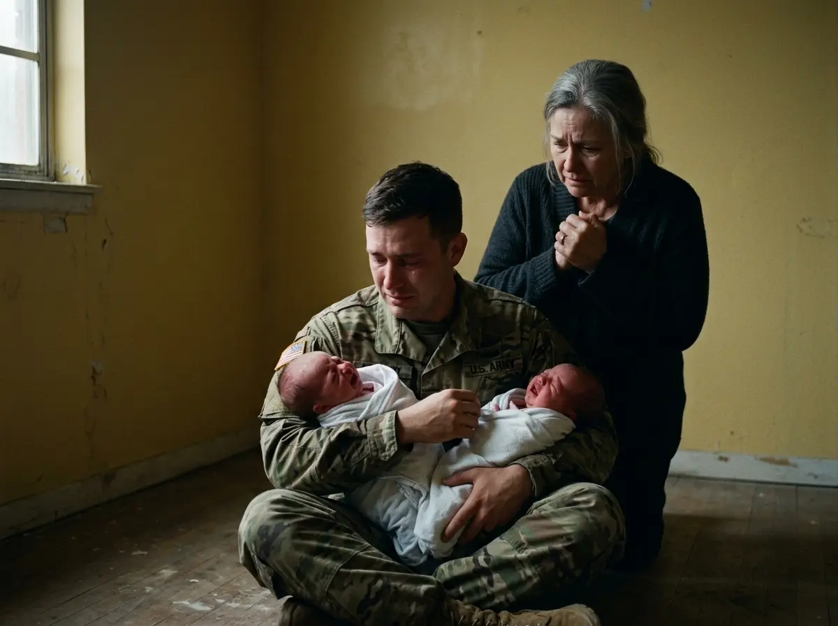 A military veteran and his sorrowful mother standing in a completely barren nursery holding crying newborn twins.