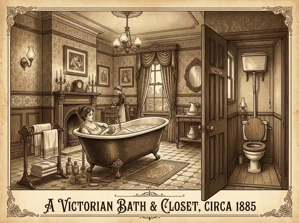 Historical illustration of an early indoor toilet in a closet space