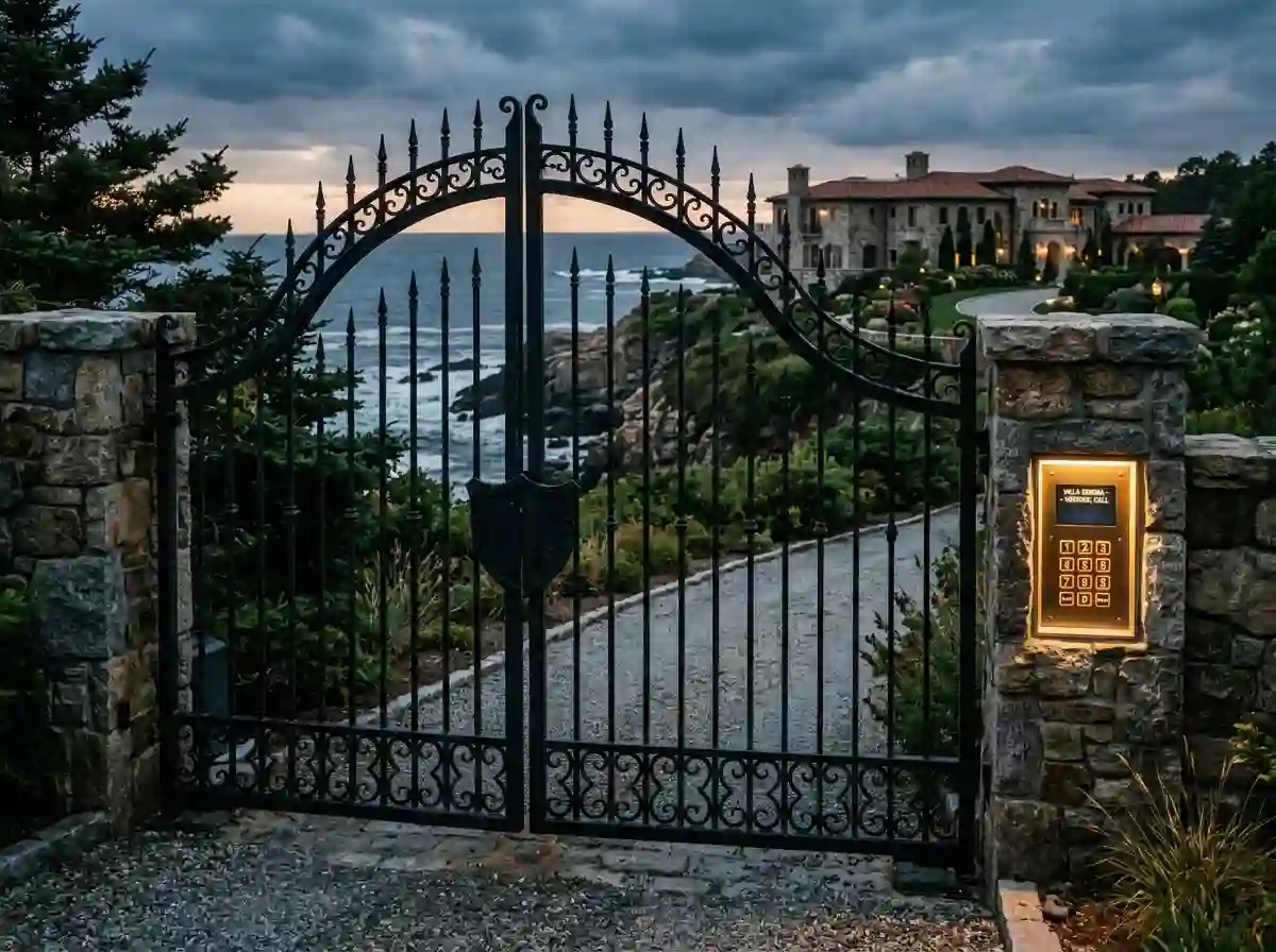 Massive wrought-iron security gate in front of a coastal estate