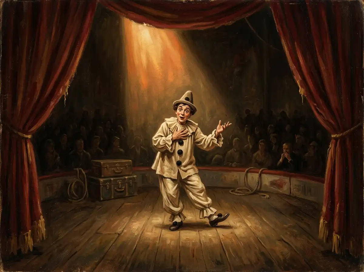 Vintage illustration of a small performer on a dimly lit circus stage capturing the audience's attention