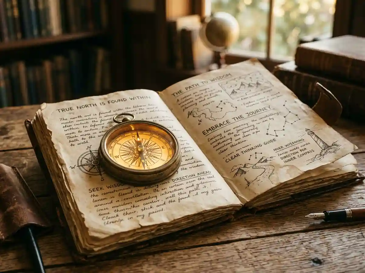 A glowing vintage brass compass resting on an open journal