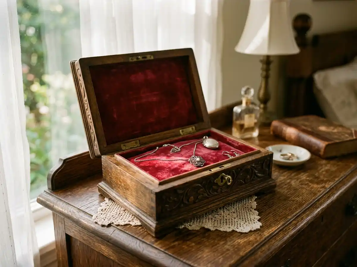 An antique wooden jewelry box holding a silver necklace on a dresser
