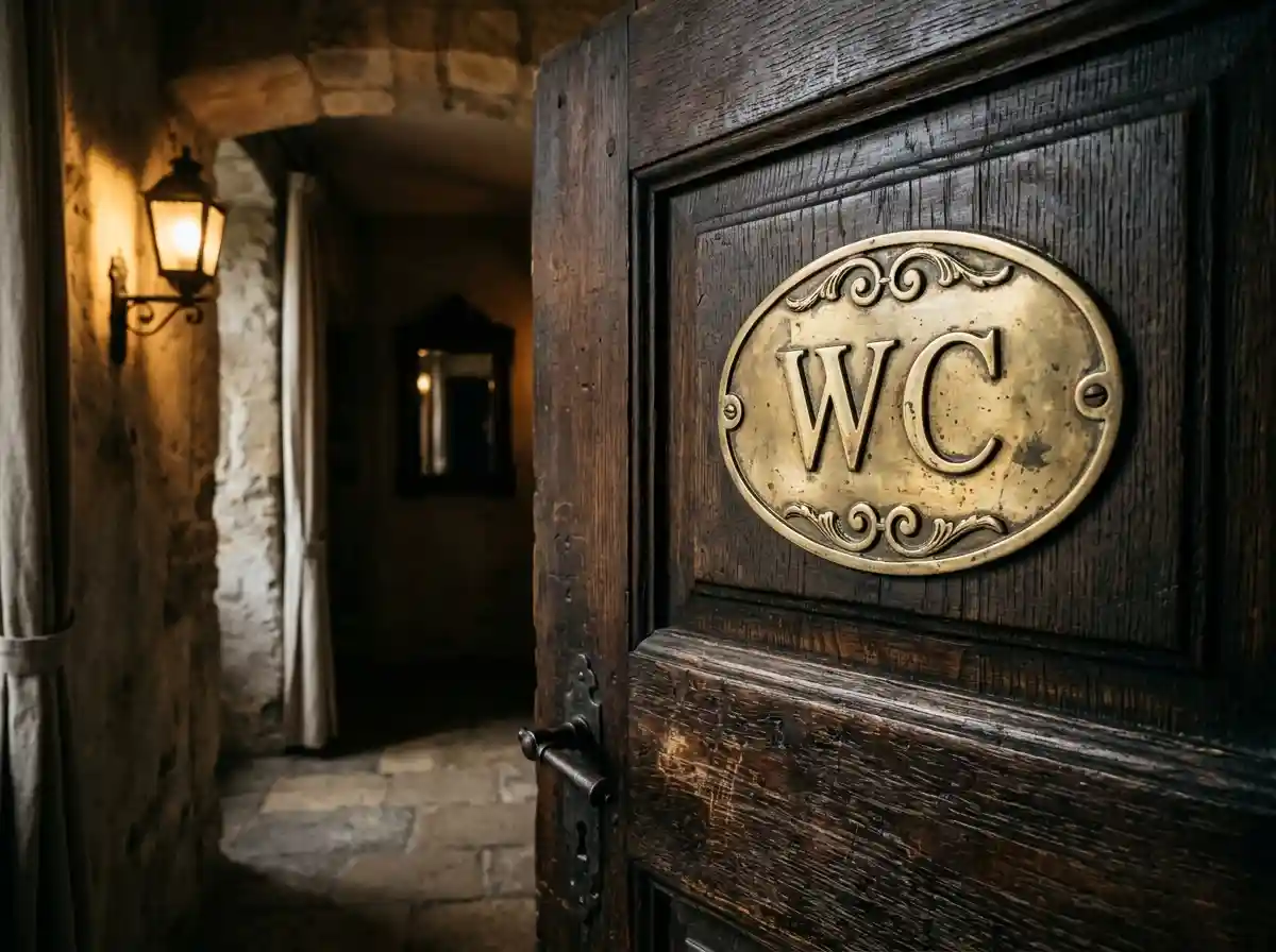 Vintage brass WC sign on a wooden door