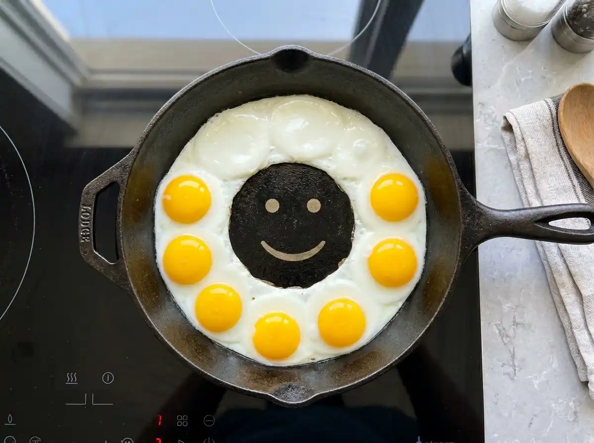 A top-down view of a frying pan with a ring of eggs and a smiley face in the center.