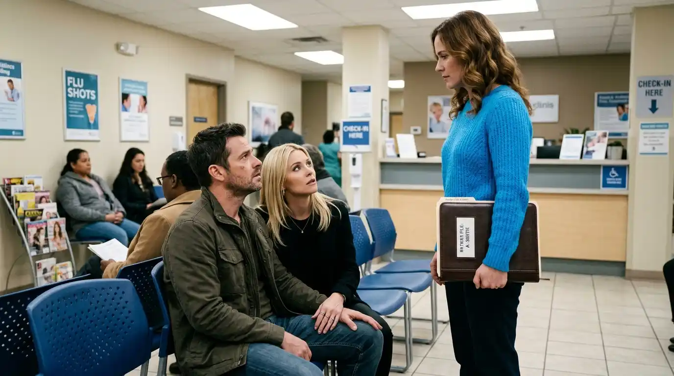 Maddie confronting Lucas and Charlotte in the waiting room