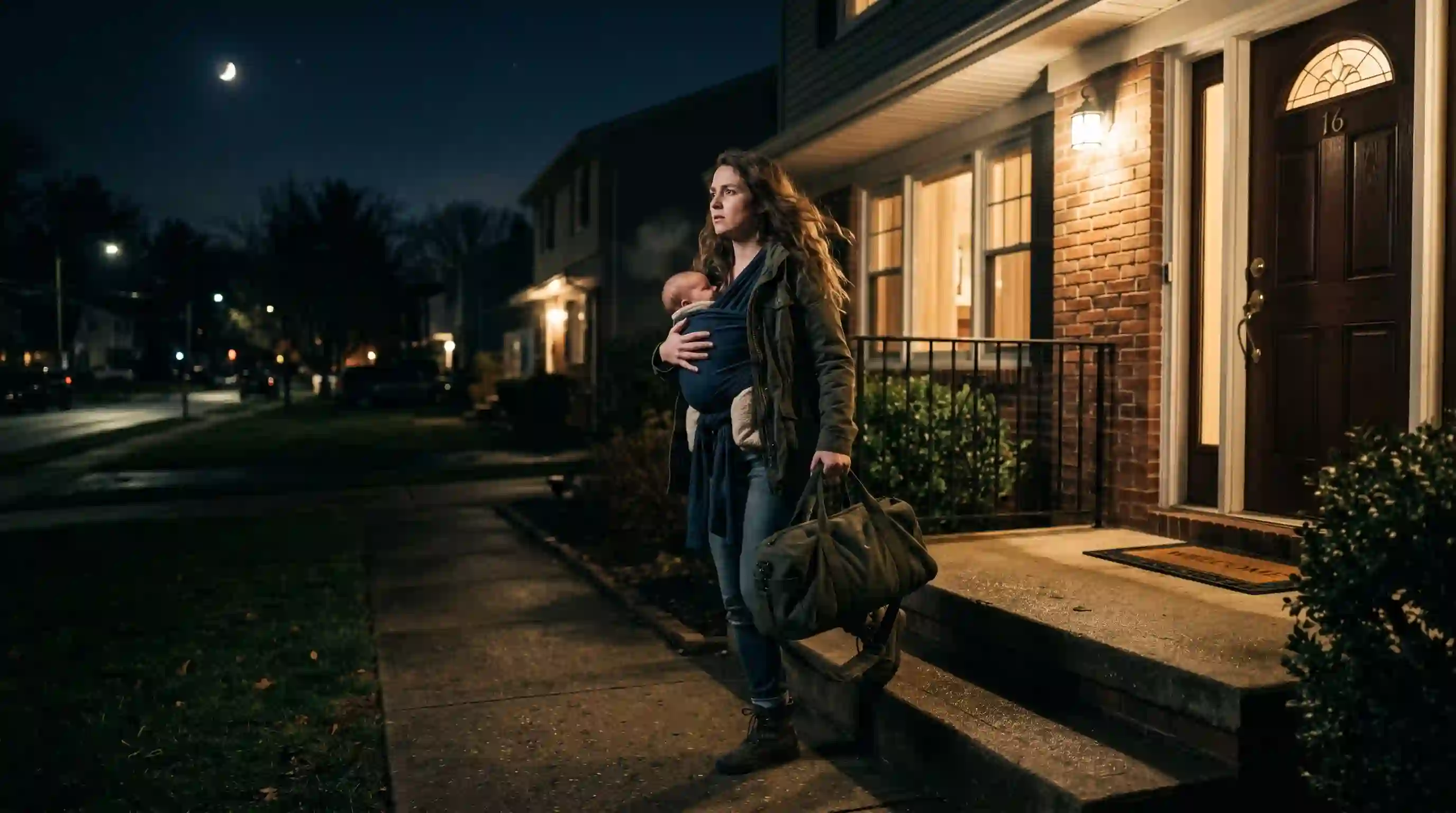 Determined mother walking out of the house at night with her baby