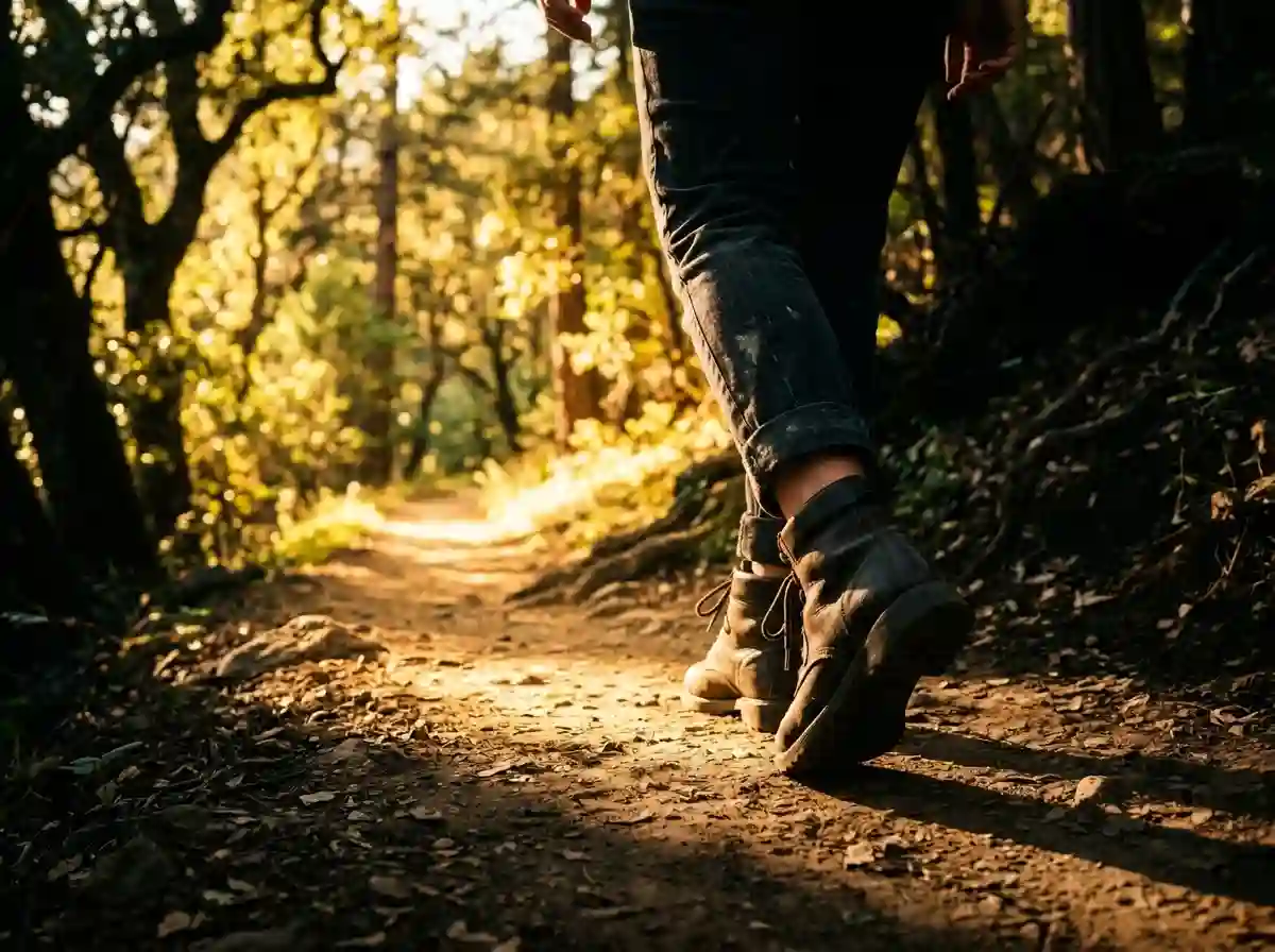 A person confidently walking away down a bright, sunlit path