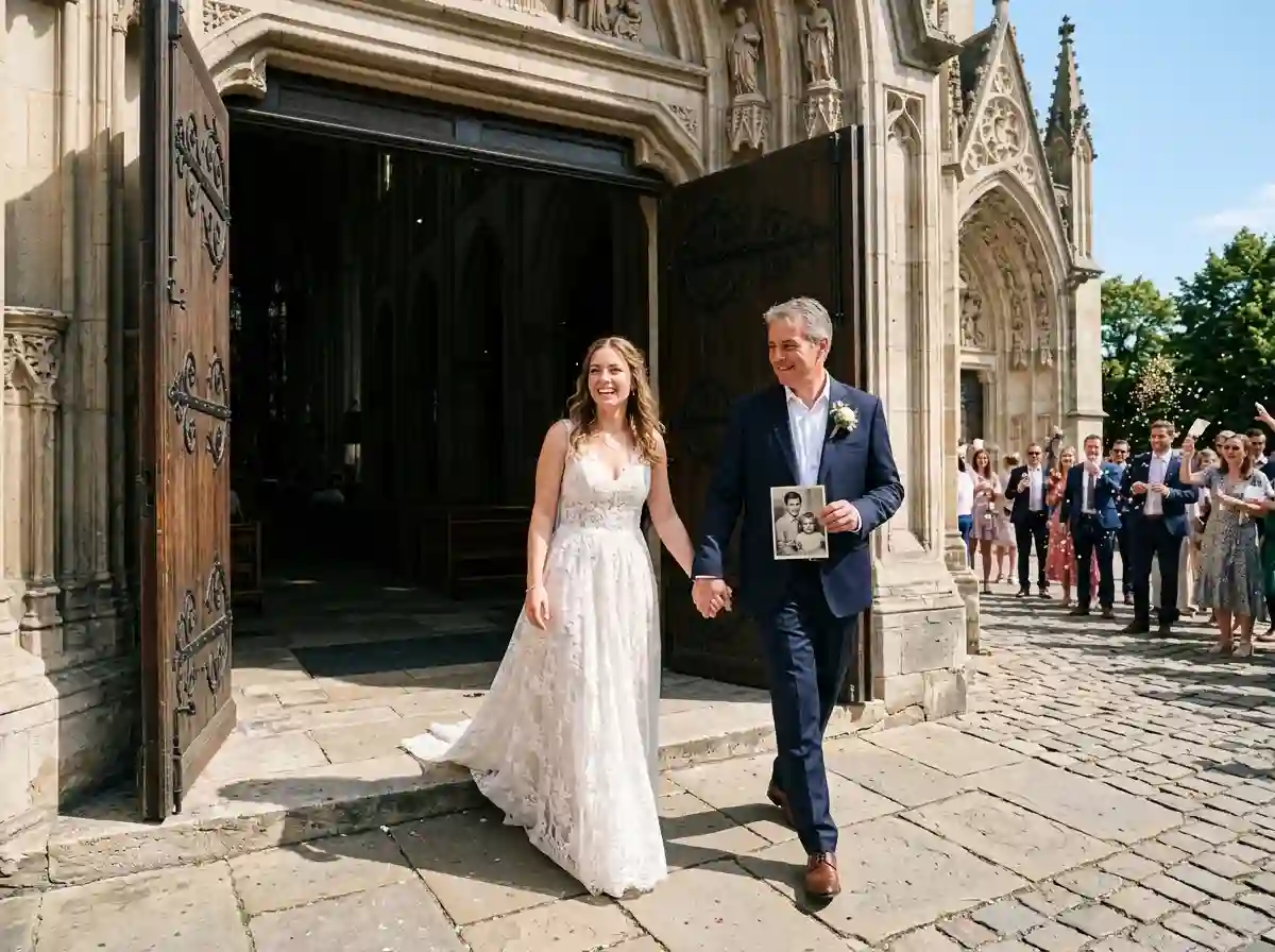 Bride and older man walking out of the cathedral into daylight