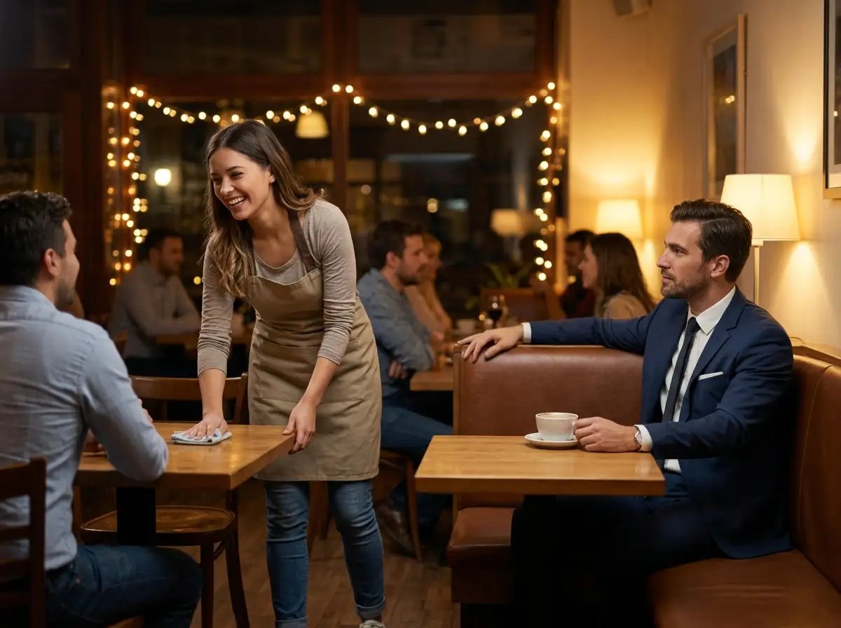 A warm, genuine woman working in a bustling downtown cafe while a man watches her