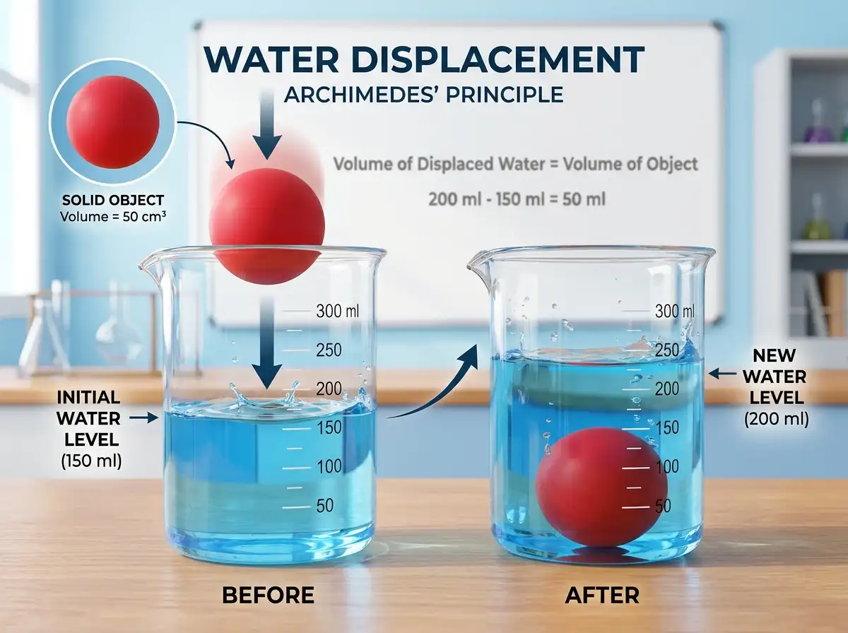 An illustration showing water rising as an object is dropped into a glass, demonstrating displacement.