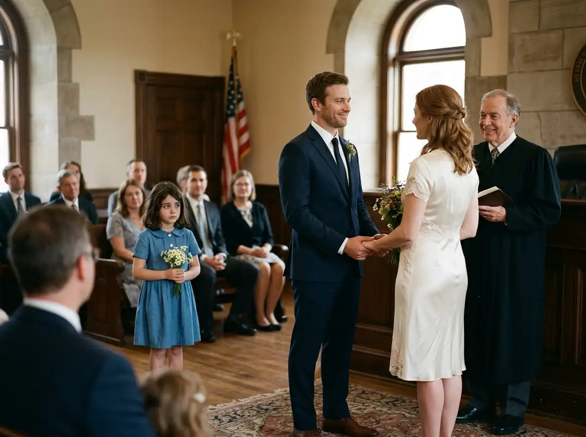 Harper standing nervously in the background during her mother's wedding.