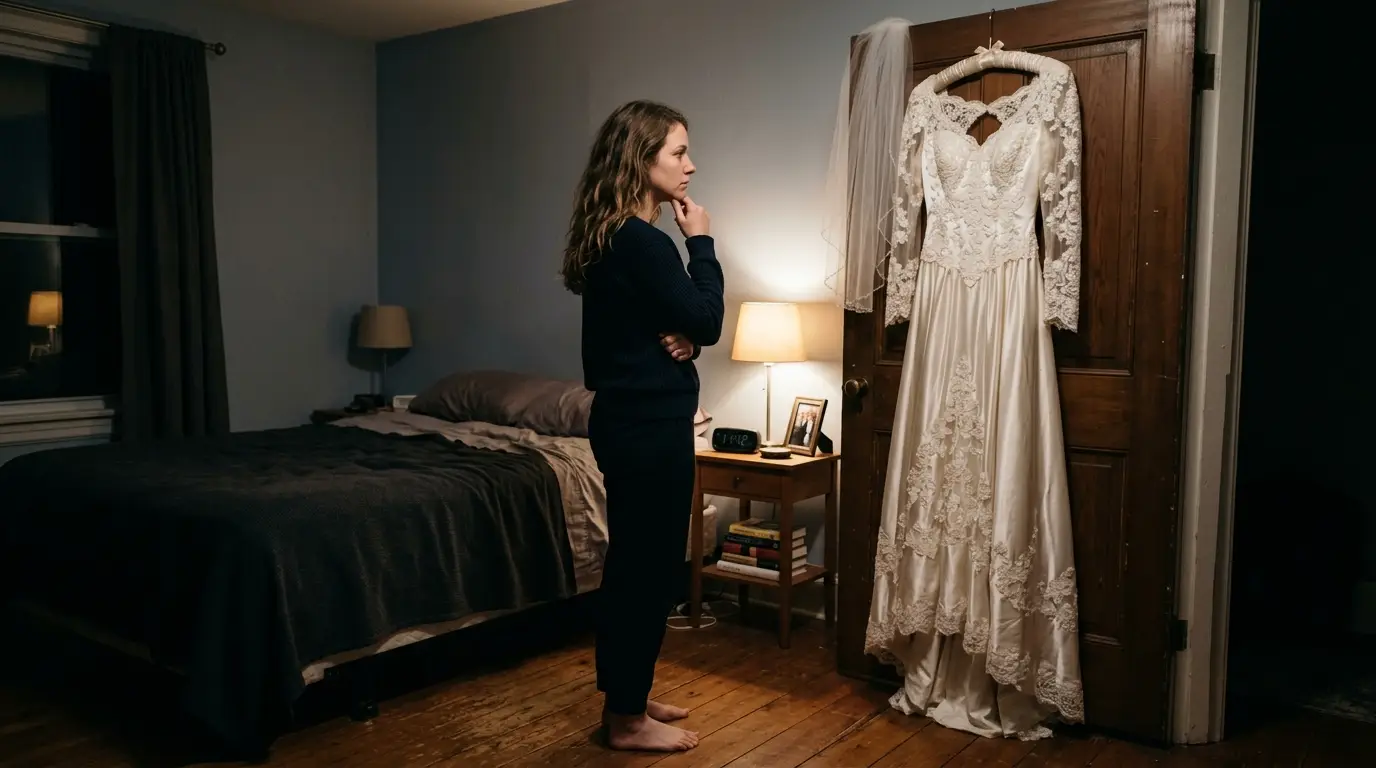 Woman staring sadly at her hanging wedding dress in a dim bedroom