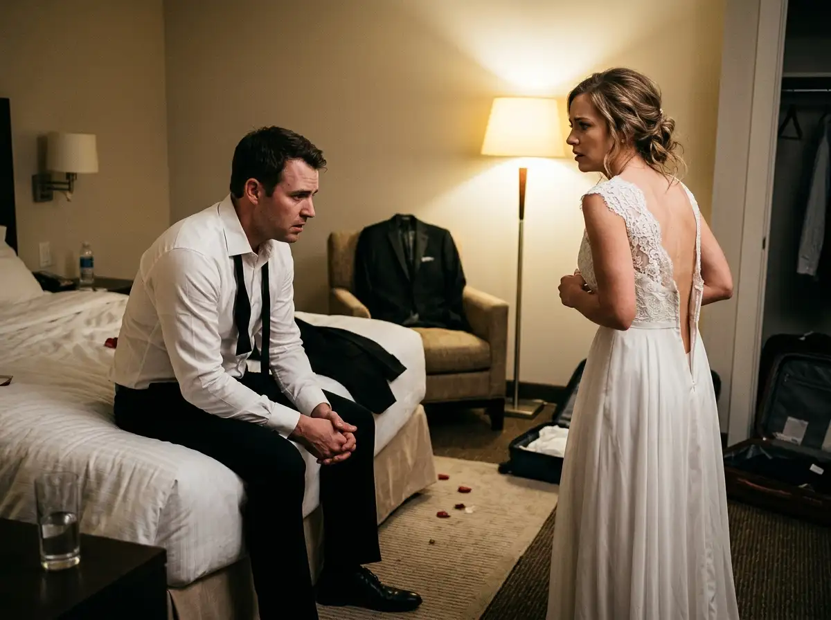 A tense bedroom scene where a man looks shocked as his wife unzips her wedding dress.