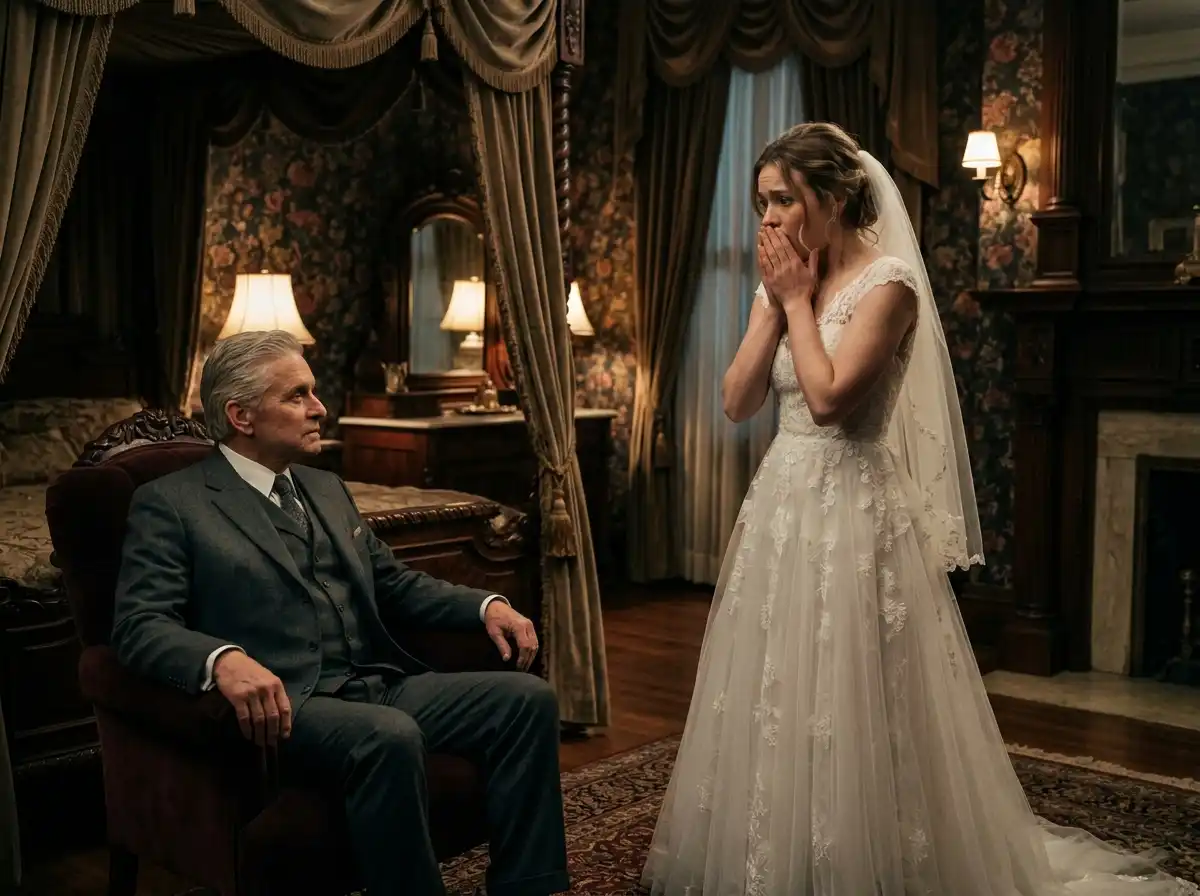 An older man revealing a secret to his young bride in a grand bedroom