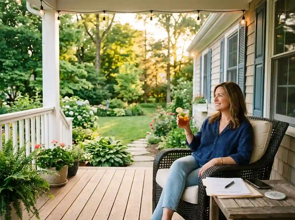 A woman sitting on the peaceful porch of a house in Westchester