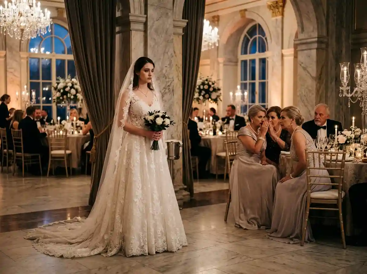 A young bride standing alone while wealthy family members whisper in the background