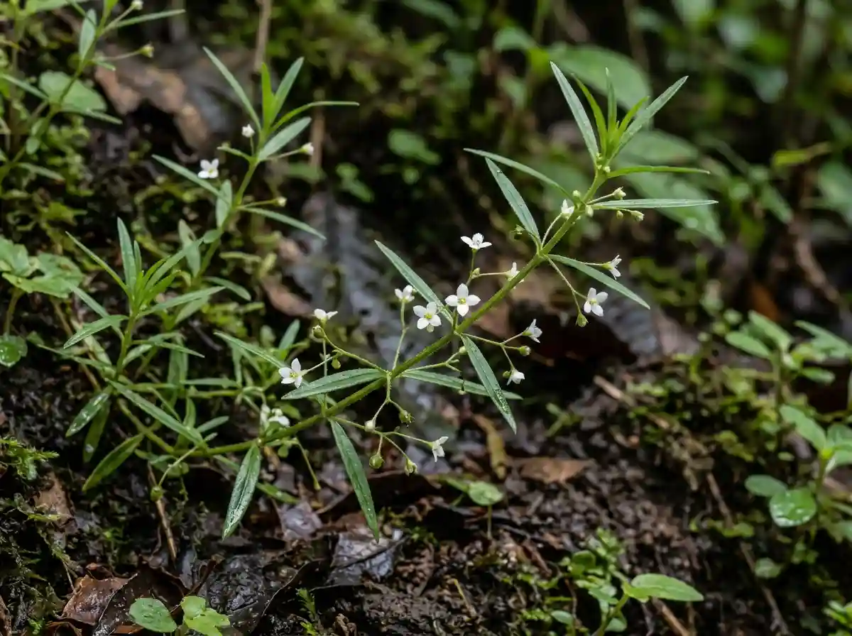 Detailed close-up of White Snake Grass showing small white flowers and narrow leaves.