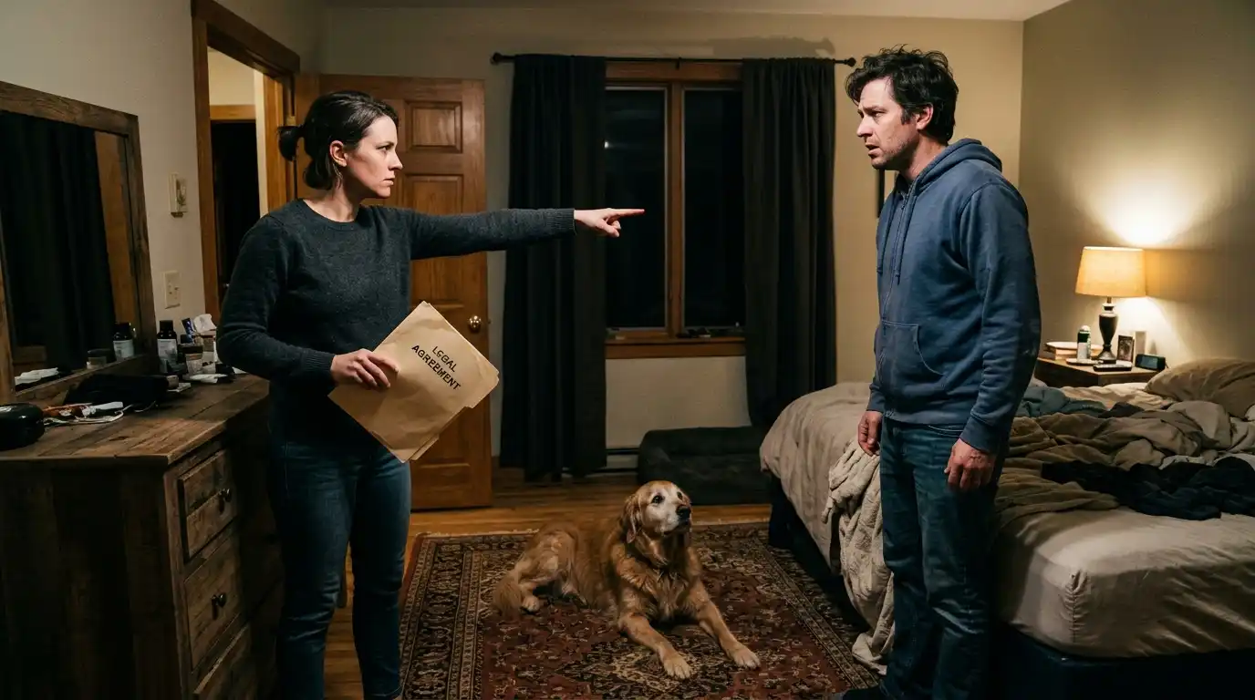 A tense bedroom scene where a wife holds a legal folder confronting her shocked husband while a Golden Retriever looks on