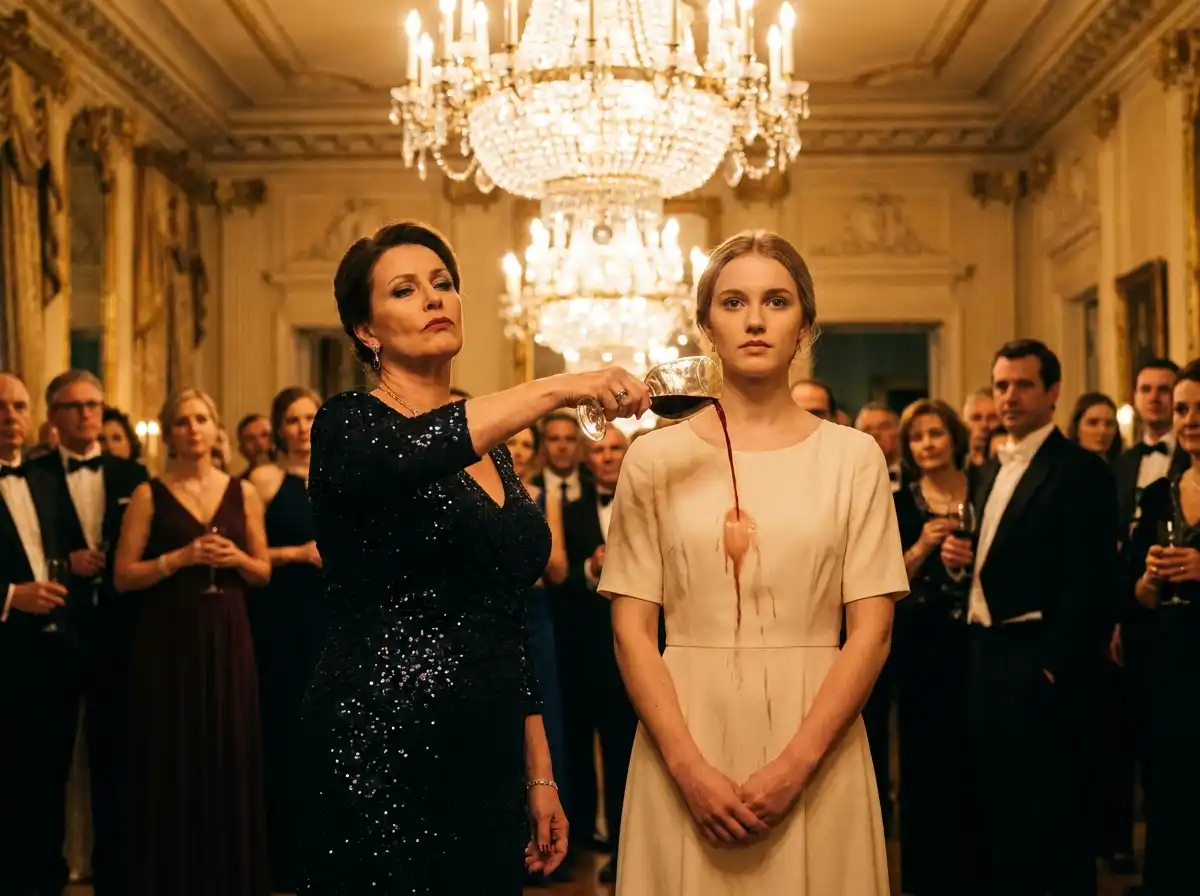 A woman in a white dress getting red wine poured on her at a fancy party