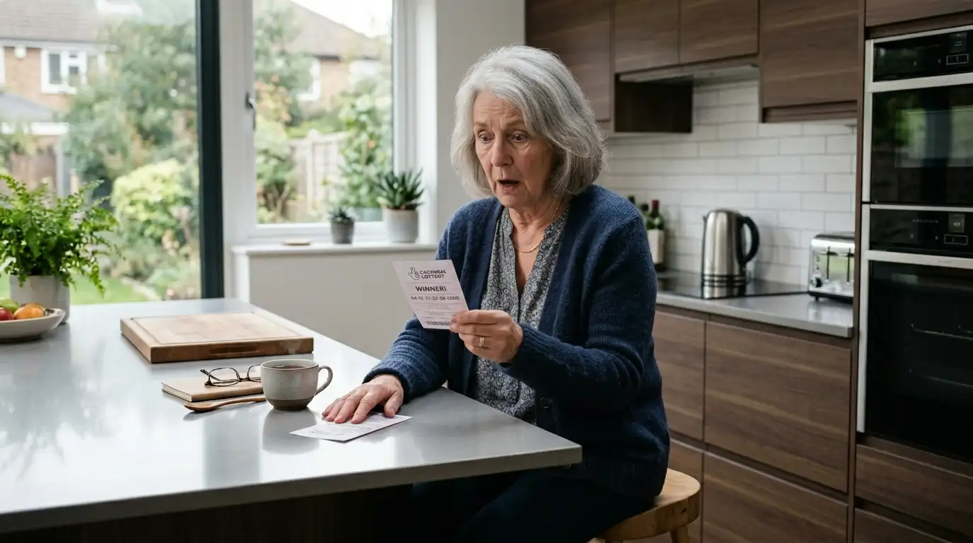 An older woman sitting alone in a kitchen looking shocked at a lottery ticket