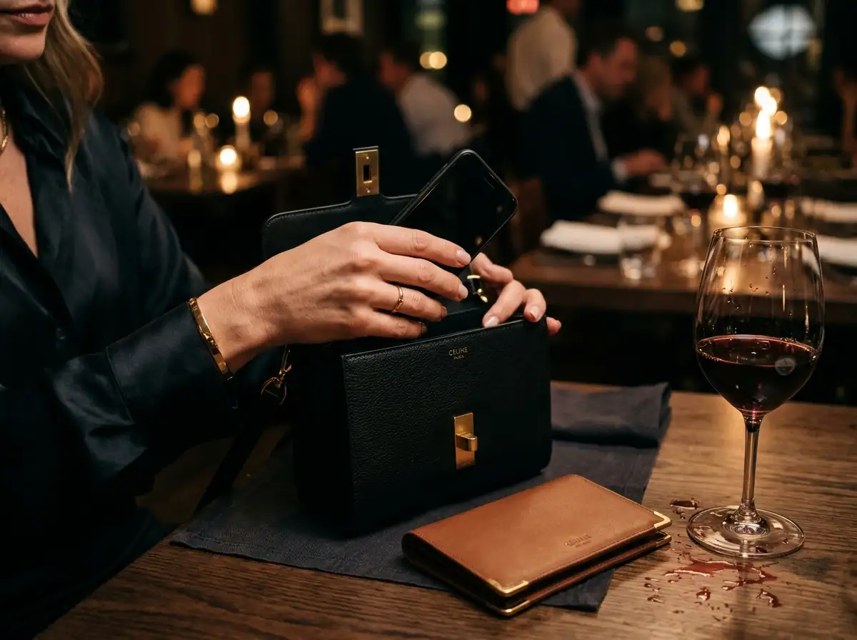 A woman's hands calmly holding a smartphone over a dinner table