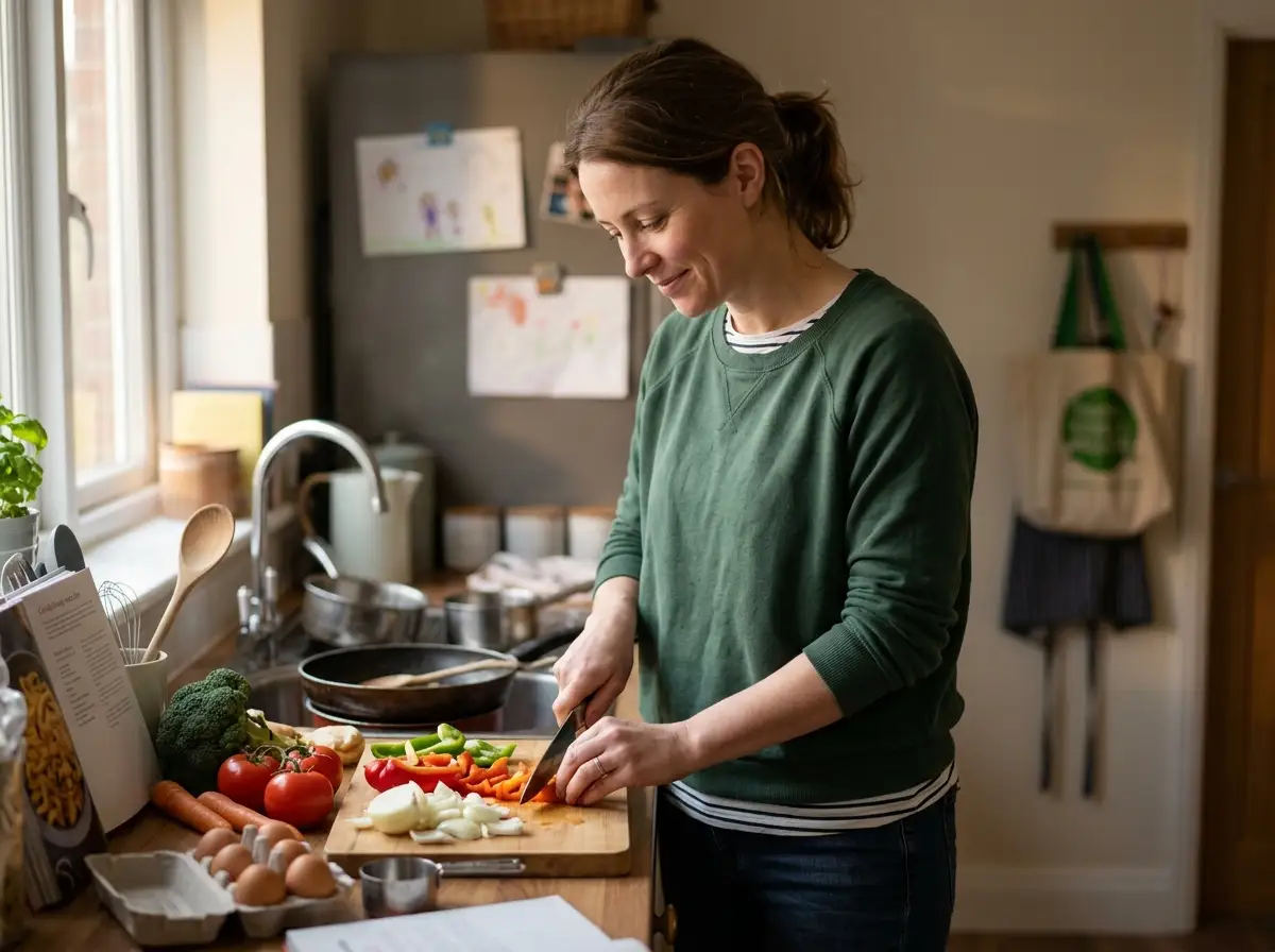 A tired woman cooking a large meal in a bright kitchen
