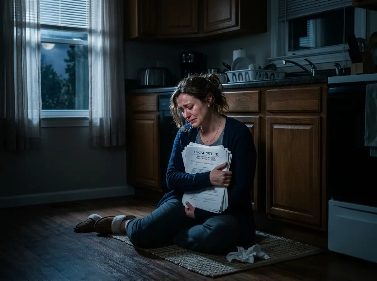 A woman sitting on the kitchen floor crying while holding legal documents to her chest.