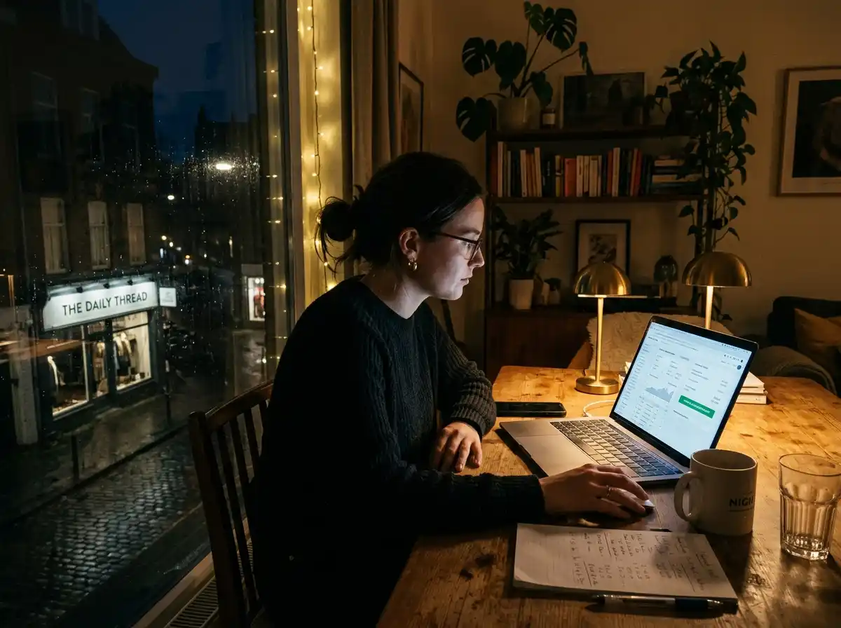 A woman sitting at a laptop late at night reviewing financial documents