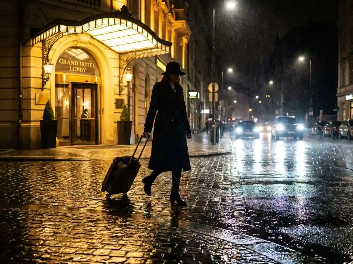 A woman pulling a suitcase walking away from a glowing hotel in the rain