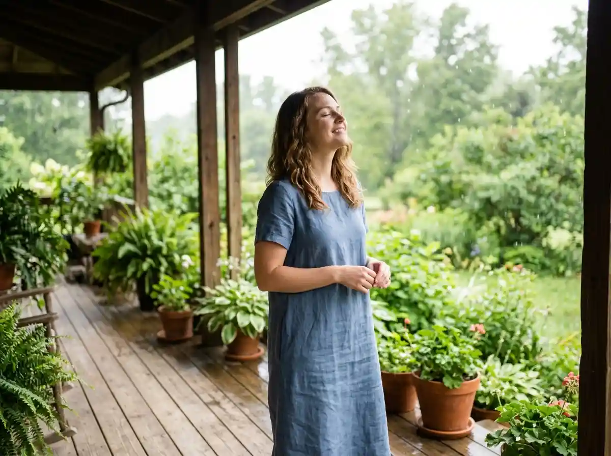 A young woman smiling peacefully in a beautiful blue dress while standing in the rain